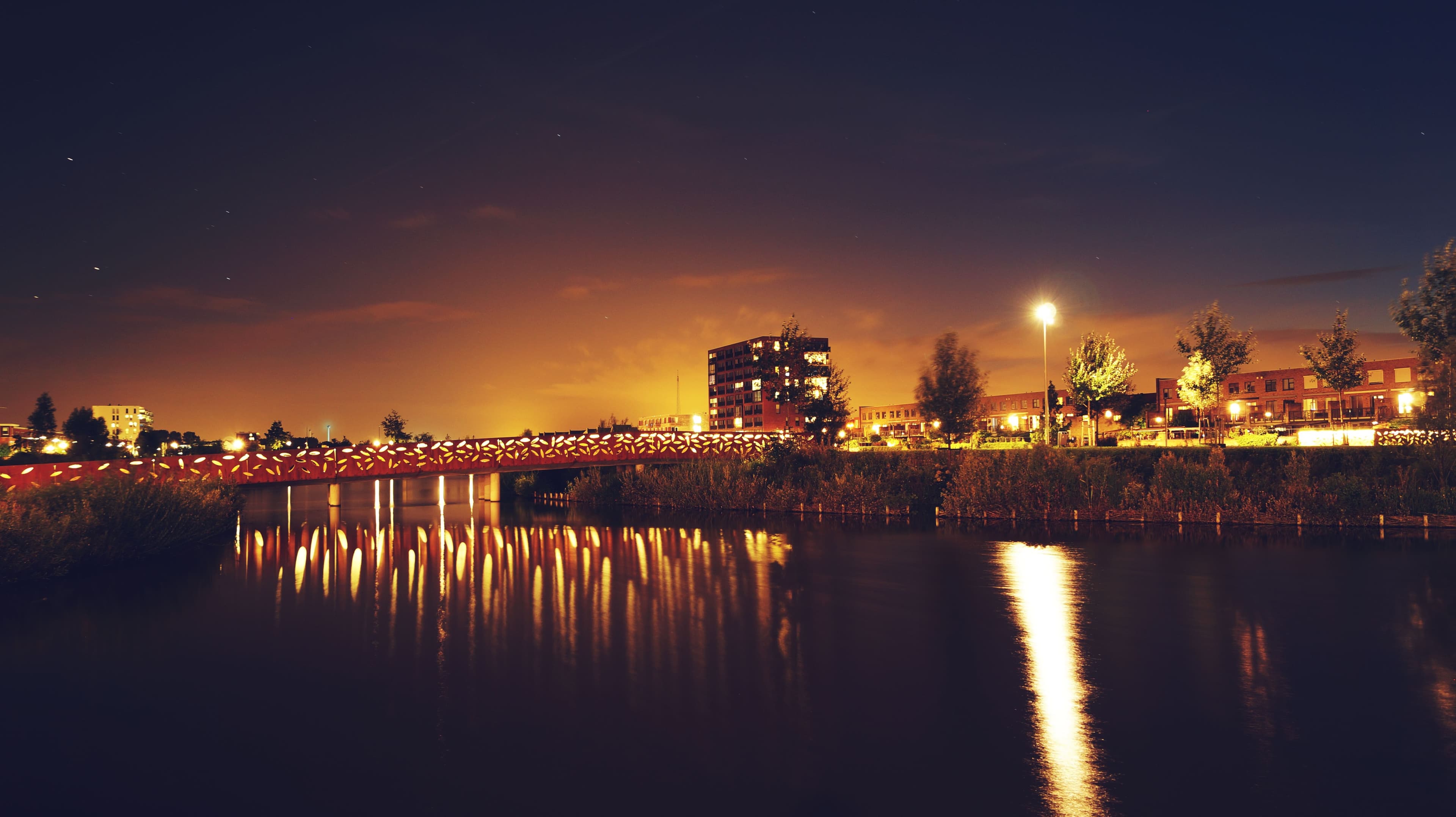 Illuminated urban bridge and waterfront